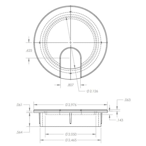 Technical diagram of White Round Wire Management Grommet With Removable Lid For Desks And Cabinets, Cut Hole Size Two And A Half Inches