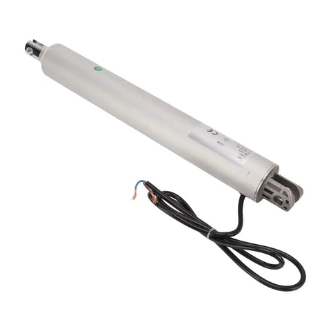 Beefed Up 24V Electric Linear Actuator With Rock Hard Aluminum Body And IP65 Rated Build With Sturdy Mounts For RV Camper Lift Beds Recliners 3000N Smooth Push close-up view of linear actuator with black wiring