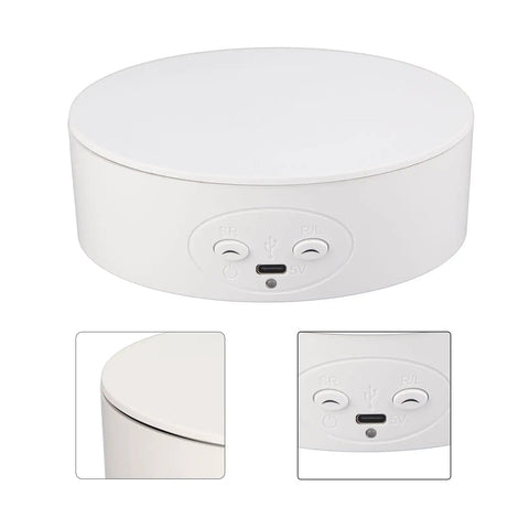 Heavy Duty Electric Rotating Display Stand With 6.6lb Load Capacity showing white finish and control panel for photography use.