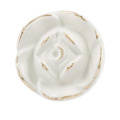 Ivory White Rose Flower Cabinet Pulls 8 Pack With 8 Mounting Screws Vintage Style Kitchen Drawer Knobs, top view of single pull with gold finish.