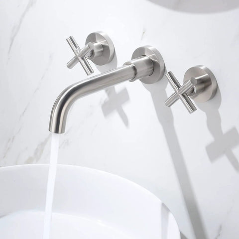 Wall Mounted Bathroom Sink Faucet With 360 Degree Rotating Nozzle, Dual Cross Handles, Thick Valve, Brushed Nickel Finish over sink