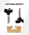 Pro Grade Heavy Duty CNC Spoilboard Surfacing Router Bit With Half Inch Shank And Two Inch Cutting Diameter Three Wing Coated Carbide Inserts Slab Flatting Planer Bit For Woodworking Includes Replacement Blades, shown with cutting effect on wood.