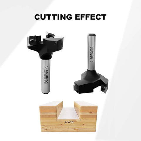 Pro Grade Heavy Duty CNC Spoilboard Surfacing Router Bit With Half Inch Shank And Two Inch Cutting Diameter Three Wing Coated Carbide Inserts Slab Flatting Planer Bit For Woodworking Includes Replacement Blades, shown with cutting effect on wood.