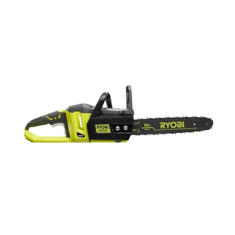 14 Inch Brushless Chainsaw 40 Volt Cordless Power Tool Freaky Fast Cuts Auto Oil Sprayer side view with ergonomic grip.