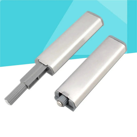 Close-up of Easy Install Magnetic Push Open Cabinet Door Latch Set in stainless steel, showing two latch pieces.