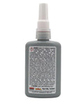 Side view of Red High Strength Thread Locker For Large Fasteners Permanent Lock Anaerobic Formula 1.70 Oz Bottle with label details.