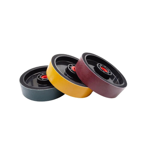 Get The Ultimate Soft Resin Diamond Polishing Wheel For Lapidary Grinding With 60 Grit And A Massive 6-Inch By 150 Mm Size That Keeps Things Cool While Clobbering Sensitive Gems Like Glass And Plastics Without Any Mess! Three resin diamond wheels in green, yellow, and maroon.
