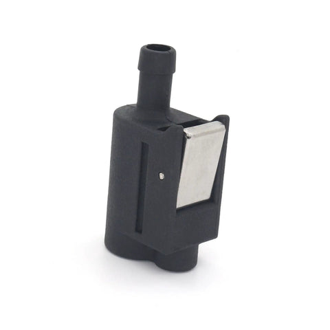 Black Five Sixteenth Inch Quick Disconnect Fuel Line Connector For Boat Tank Side, Built To Fit Mercury Mariner Outboard Motors, Replacement Part 13563Q7 13563A7 22-13563Q7 22-13563A7, showing side view with metal clip.