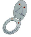 Premium Toilet Seat With Slow Close Brushed Nickel Hinges And Scratch Resistant Finish, artistic fish design, soft close feature.