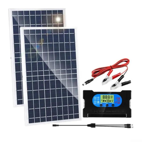 Compact 10W Solar Panel Kit With Integrated Charge Controller for smooth 12V battery charging, includes two panels and accessories.