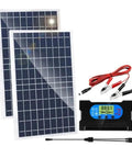 Compact 10W Solar Panel Kit With Integrated Charge Controller For Smooth 12V Battery Charging And Efficient Monocrystalline Performance Geared Up For Camping Tailgating And Off Grid Adventures To Keep Your Gear Juiced On The Trail, featuring two solar panels and regulator.