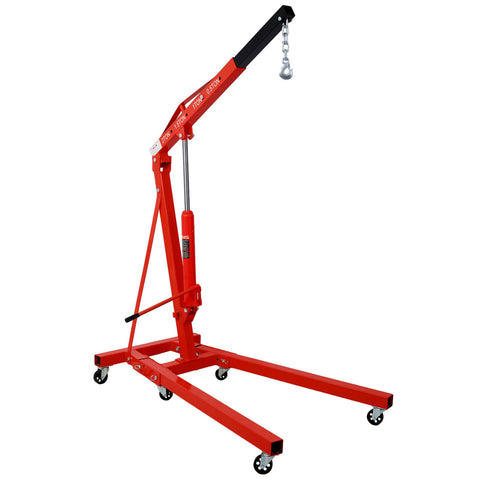Badass Rolling Cherry Picker Engine Hoist With Six Swivel Caster Wheels Two Ton Folding Shop Crane Heavy Duty Steel Auto Lift, side view.