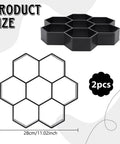 Hexagon Concrete Molds 2 Pack Black Stepping Stone Forms For Paver Projects DIY No Mess Garden Patio Path Plastic Concrete Molds For Honeycomb Walkways 11x11 Inch Hexagon Paver Mold Set shown in stack and individual forms with size dimensions.