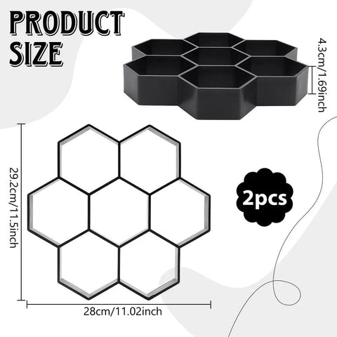 Hexagon Concrete Molds 2 Pack Black Stepping Stone Forms For Paver Projects DIY No Mess Garden Patio Path Plastic Concrete Molds For Honeycomb Walkways 11x11 Inch Hexagon Paver Mold Set shown in stack and individual forms with size dimensions.