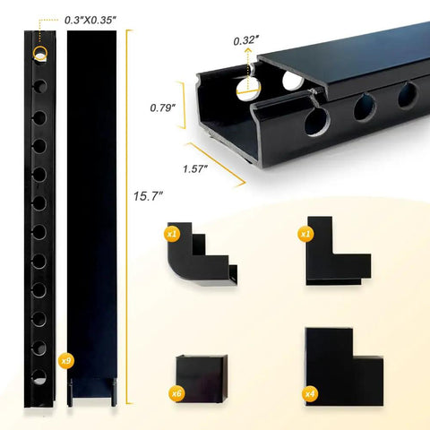 Open Slot Cable Raceway Kit For Under Desk Cable Management With Upgraded Snap Structure In Black showing measurements and pieces