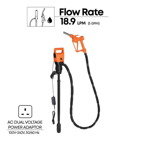 Heavy Duty Electric Drum And Ibc Tote Pump Pushes 5 Gpm Effortless with telescopic shaft and power adapter for hassle-free fluid transfers.