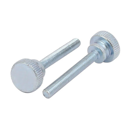 M4x30mm Carbon Steel Flat Knurled Head Fully Threaded Thumb Screws Set, Zinc Plated, 12 Pack shown from top and side view
