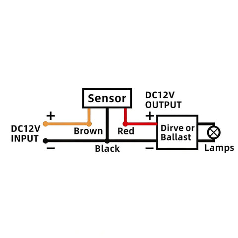 Wiring diagram for 4 Pack IP65 Outdoor Motion Sensor Controller 12V DC With Adjustable Sensitivity And Delay Timer For Security And Area Lighting Systems