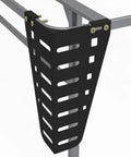 Heavy Duty Headboard Brackets For Metal Bed Frame With Adjustable Multi Slot Design And Secure Mounting Hardware To Lock Your Platform Bed In Place Set Of Two close-up view showing black steel bracket attached to bed frame.
