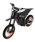 Heavy Duty Electric Dirt Bike And Dual Mini Motorcycle Setup For Teens And Adults Brings The Heat With A Two Thousand Watt Motor Twenty One Amp Hour Battery Three Gear Shifts Up To Thirty Seven Miles Per Hour And Zero Gas Headaches, front angle view showing black frame and orange wheels.