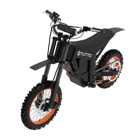 Heavy Duty Electric Dirt Bike And Dual Mini Motorcycle Setup For Teens And Adults Brings The Heat With A Two Thousand Watt Motor Twenty One Amp Hour Battery Three Gear Shifts Up To Thirty Seven Miles Per Hour And Zero Gas Headaches, front angle view showing black frame and orange wheels.