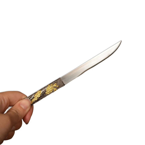 Close-up of detachable pocket knife from Badass 40.2 Inch Hand Forged Full Tang Metal Sword With Red Scabbard Detachable Pocket Knife Includes Black