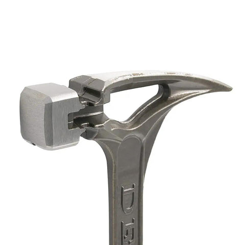 Close-up of the metallic head and nail pull of Workhorse 22 Ounce 18 Inch Steel Smooth Face Hammer With Zero Vibe Vibration Reduction