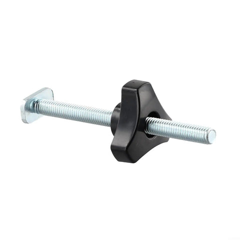 Pro M8 Star Handle T Track Knob Kit With Bolts For Woodworking Jigs Fixtures And Router Table Accessories Super Grippy Black Plastic Clamps Secure Your Stops Like A Boss. Black M8 star knob with steel bolt shown angled on white background.