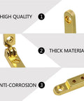 Close-up of gold zinc alloy 90 degree hinge showing high quality, thick material, and anti-corrosion features for wooden boxes.