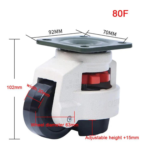 Heavy Duty Retractable Leveling Caster Set Of Four Featuring Badass Swivel Action And Massive 1000 Pound Load Capacity, showing adjustable caster wheel dimensions.