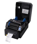 Heavy Duty Thermal Transfer Label Printer With Smooth 200 DPI Output And Zero Sweat Quiet Hustle Plug And Play Usb Lan Serial Port Setup For Wash Care Tags Jewelry Barcode Shipping Roll Straight Up Dependable showing front view with labels printing.