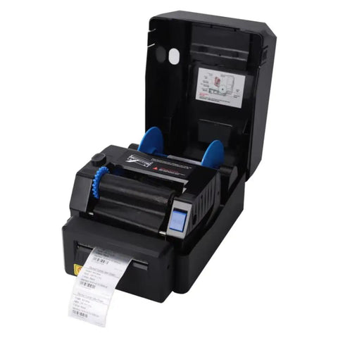 Heavy Duty Thermal Transfer Label Printer With Smooth 200 DPI Output And Zero Sweat Quiet Hustle Plug And Play Usb Lan Serial Port Setup For Wash Care Tags Jewelry Barcode Shipping Roll Straight Up Dependable showing front view with labels printing.