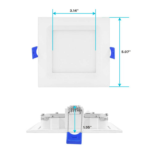 4 Inch Ultra Thin Square LED Recessed Lights Pack Of 4, 12W Dimmable Downlights With 5CCT Color Selectable, dimensions shown