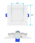 Slim 4 Inch Square LED Recessed Downlights Kit with dimensions, showing front and side view with baffle trim