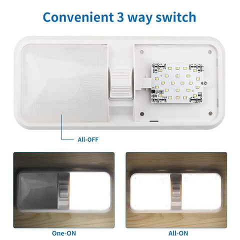 Lit 12V LED RV Ceiling Light Double Dome Fixture 1100 Lumen With On Off Switch showing 3-way switch and lighting modes