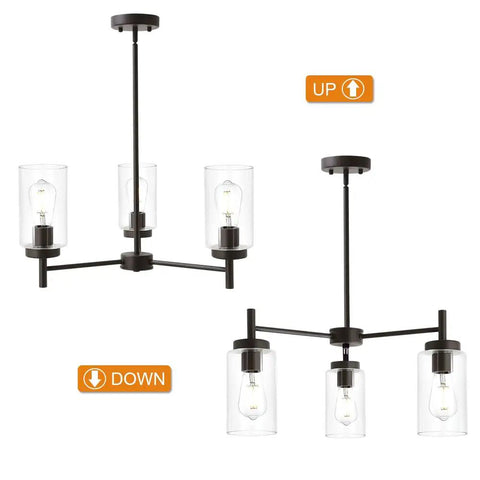 Dope Contemporary 3 Light Chandeliers With Rustic Clear Glass Shades Pendant Lighting In Oil Rubbed Bronze, height adjustments shown.