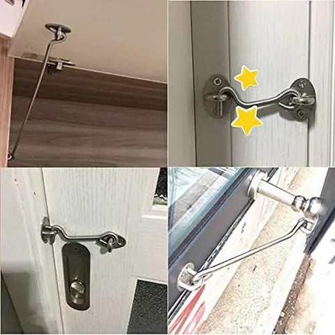 Top Shelf Stainless Steel Cabin Hooks And Eye Latches For Shed Doors Windows Straight Up Heavy Duty Rustproof Windproof Safety Catch Locks Includes Mounting Screws in multiple installations on doors.