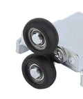 Close-up of Easy Install Replacement Roller Wheel Kit for Steel Framed Mirror Closet Doors, showing double alloy wheels and metal frame