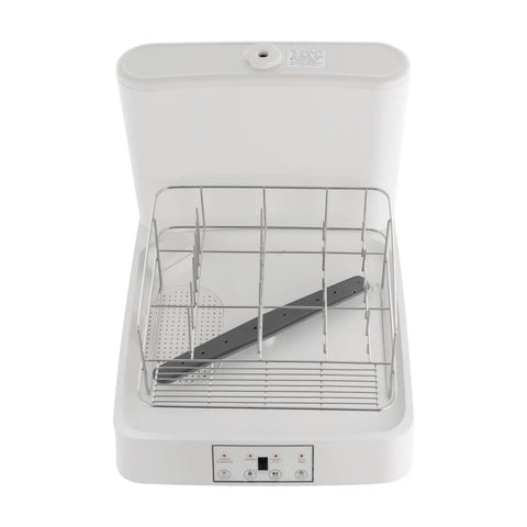 Interior view of Compact Countertop Dishwasher With Six Custom Cycles And Five Liter Tank, showing wire rack and spray arm.