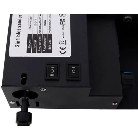 Aynuma Mini Belt Sander 350W Electric Bench Grinder with rotary tool controls and specifications label on black surface.