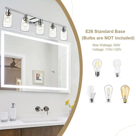Five Light Chrome Vanity Fixture With Clear Cylinder Glass Shades For Bathroom Hallways And Staircases Modern Indoor Wall Sconce Lighting For Entryways Chic Contemporary Design With Bright Ambient Glow installed above bathroom mirror.
