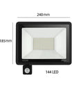 JUDYSSY Pir Motion Sensor Led Flood Light 220 Waterproof Spotlight 100W with 144 LEDs, dimensions 240mm x 185mm, outdoor use.