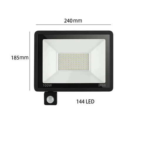 JUDYSSY Pir Motion Sensor Led Flood Light 220 Waterproof Spotlight 100W with 144 LEDs, dimensions 240mm x 185mm, outdoor use.