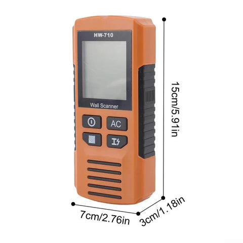 Minhe HW-710 5-in-1 Wall Detector | Multifunctional Metal Stud Finder with AC Wire Tracing | Deep Scan up to 80mm for Drywall & Wood – LCD Display shown with dimensions.
