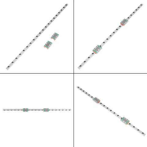Miniature Linear Rail Bearing Guide Rail 400mm LML9B 9mm wide with two slide blocks for CNC parts and 3D printer projects, top view.