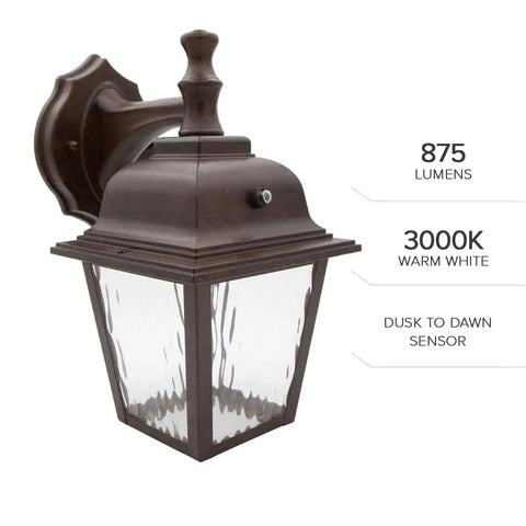 LED Porch Lantern Outdoor Wall Light In Aged Bronze With Clear Water Glass, Dusk to Dawn Sensor, 875 Lumens, 3000K