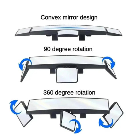 Level Up Your Daily Flow With This Hella Wide Panoramic Rearview Mirror For Tesla Cybertruck Boasting A Triple Panel Convex Setup showing layouts and rotations.