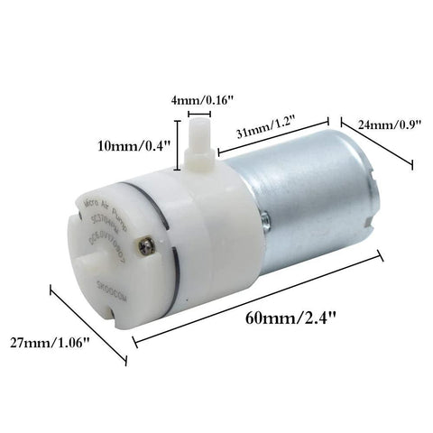 Small But Mighty 6V DC Mini Air Pump for Aquariums and Treatment Tools, Electric Vacuum Pump With Inlet and Outlet, High Air Flow 1.5 to 3.2 L Per Minute, Durable Aluminum and Plastic Construction showing dimensions in millimeters.