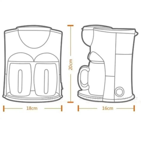 Diagram of Bean To Cup Automatic Coffee Maker For Home Or Office, Drip Coffee Machine Brews Up To Five Cups, dimensions 20cm x 18cm x 16cm.