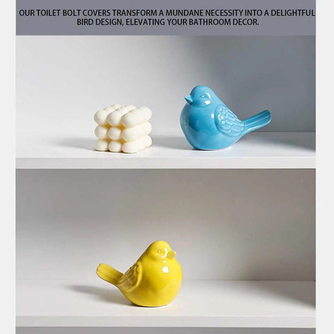 Super Clean White Bird Design Toilet Bolt Caps With Elegant Porcelain Screw Covers To Conceal Ugly Hardware And Level Up Your Bathroom Setup Effortlessly Inside This Solid Four Pack Collection displayed with blue and yellow bird designs.